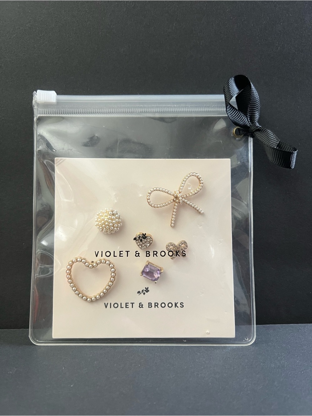 Violet & Brooks Set of 6 Scatter Pins- Pearls and Rhinestones-Hearts & Bows NEW